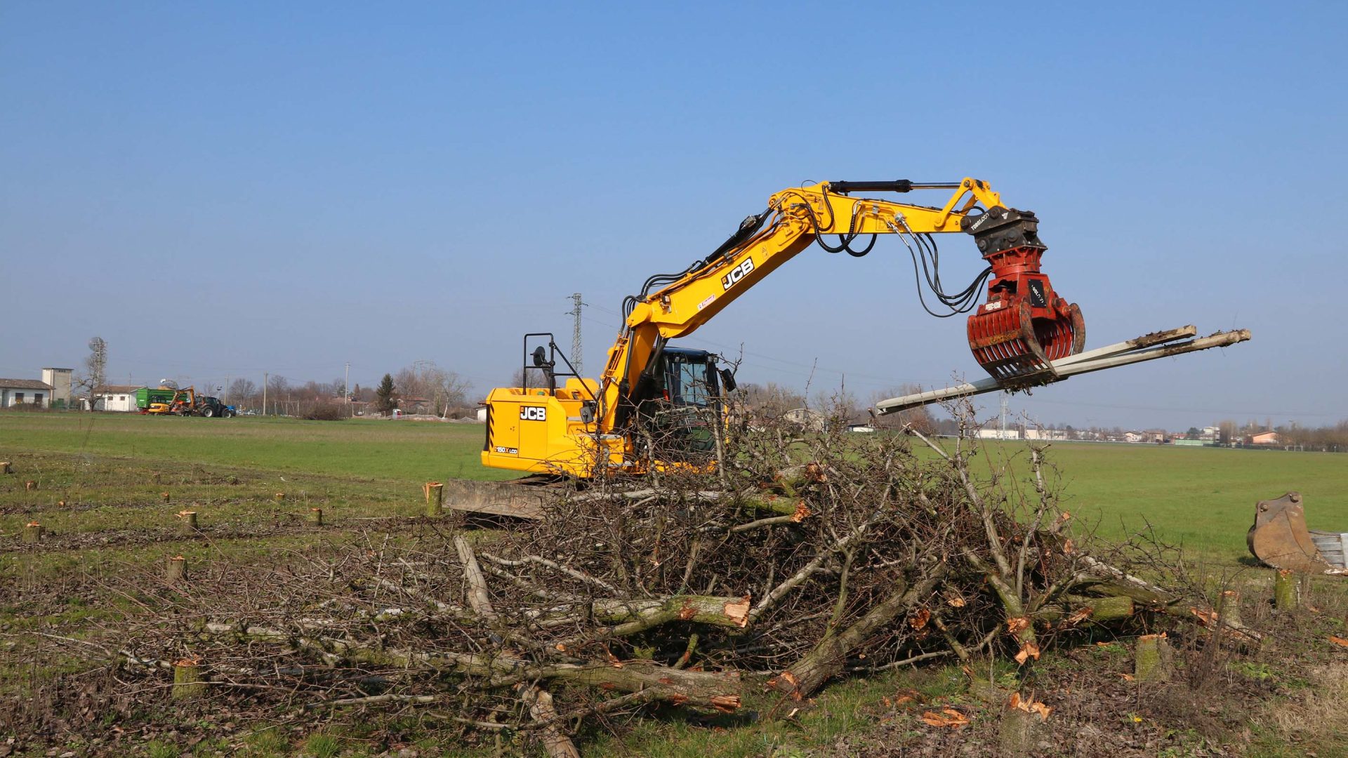 Il JCB X150 opera con diverse attrezzature specifiche nella rimozione e carico degli alberi da frutta rimossi